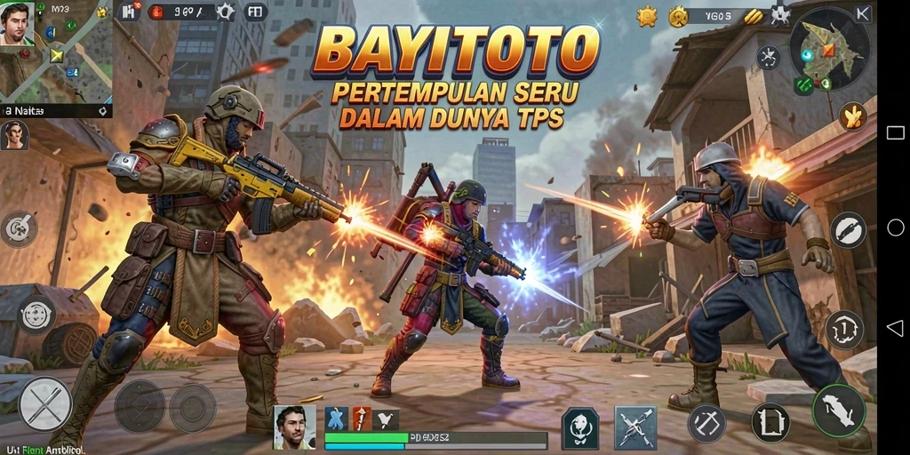 Tangkapan layar utama BAYITOTO menampilkan aksi pertempuran yang intens di arena TPS.