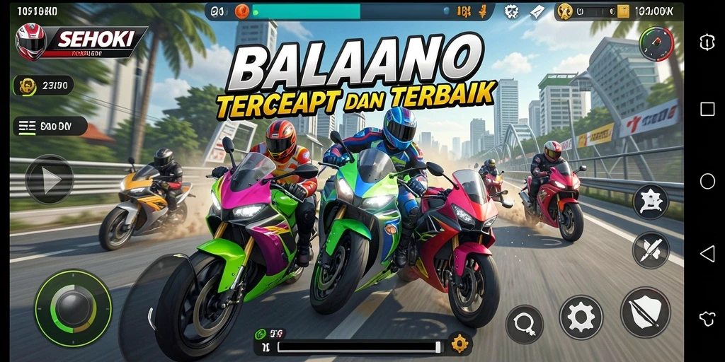 Tampilan gameplay menegangkan di SEHOKI dengan balapan motor cepat.
