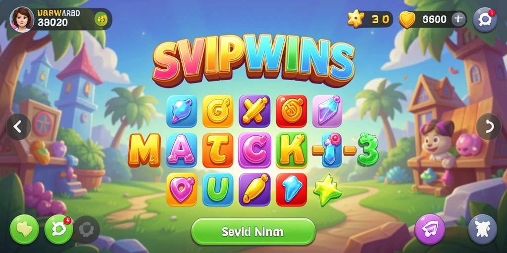 Tangkapan layar gameplay SVIPWINS dengan pemandangan penuh warna dan tantangan Match-3.