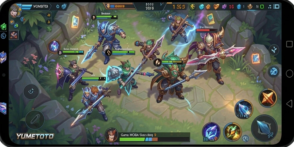 Tangkapan layar utama YUMETOTO menampilkan aksi MOBA yang seru.